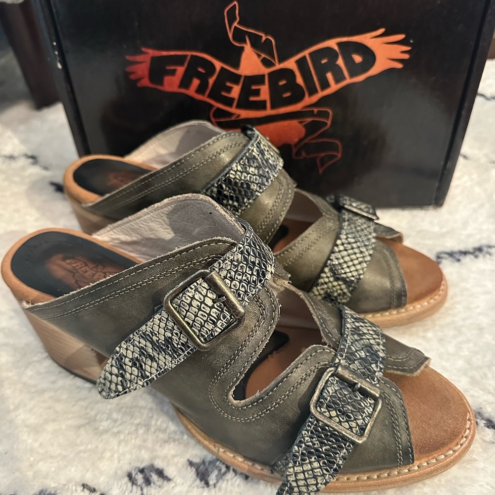 Freebird by Steven Olive Green Leather Sandals with Snake-Print Straps